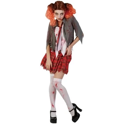 Kostium damski uczennica zombie na Halloween z zakrwawioną sukienką